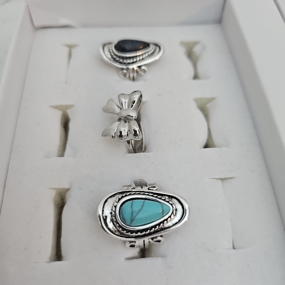 3pc Fashion Ring Set Silver Bow Black Stone Blue Country Girl Southwestern - Picture 5 of 8